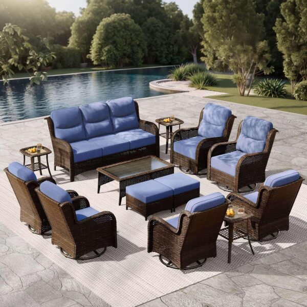 54e6fd6964a54ea8908c0cc8105b6f19 Outdoor Swivel Rocker Patio Chairs with 6-Inch Thick Cushions and Side Table, 3PCS High Back Wicker Patio Furniture Set for Porch, Balcony, Deck and Yard in Blue