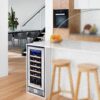 24 inch Wine Cooler, 46 Bottle - Dual Zone Built-in or Freestanding Fridge with Stainless Steel Reversible Glass Door, for Home, Kitchen, or Office.