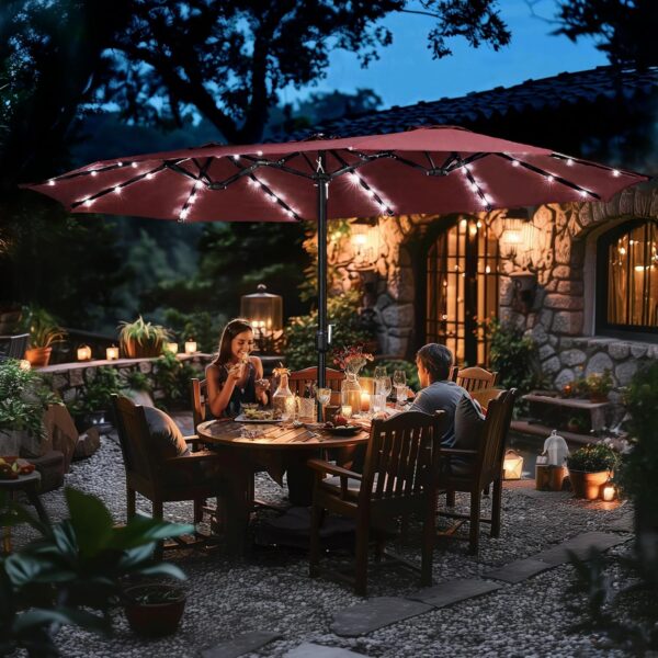 553de178bd2c4b69ac701e2b74d0ee63 15 ft Large Patio Umbrella with Solar Lights Double-Sided Outdoor Rectangle Market Umbrellas with 36 LED Lights/Base Included/Easy Crank for Patio Garden Yard Pool Lawn, Brown