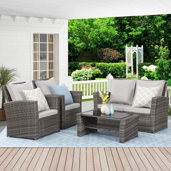 5566d6d219ff4a52a4618514efbfb159 Wisteria Lane 4 Piece Outdoor Patio Furniture Sets, Wicker Conversation Set for Porch Deck, Grey Rattan Sofa Chair with Cushion (Blue