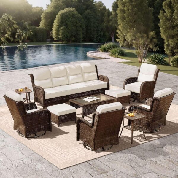 55726f8becf147d98921ff69a1a85828 Outdoor Swivel Rocker Patio Chairs with 6-Inch Thick Cushions and Side Table, 3PCS High Back Wicker Patio Furniture Set for Porch, Balcony, Deck and Yard in Blue