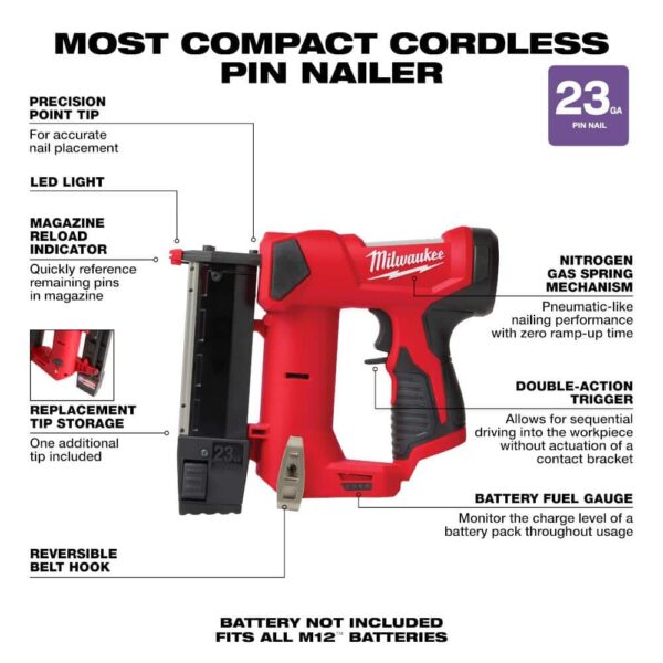 M12 12-Volt 23-Gauge Lithium-Ion Cordless Pin Nailer with M12 2.0 Ah Battery 2540-20-48-11-2420