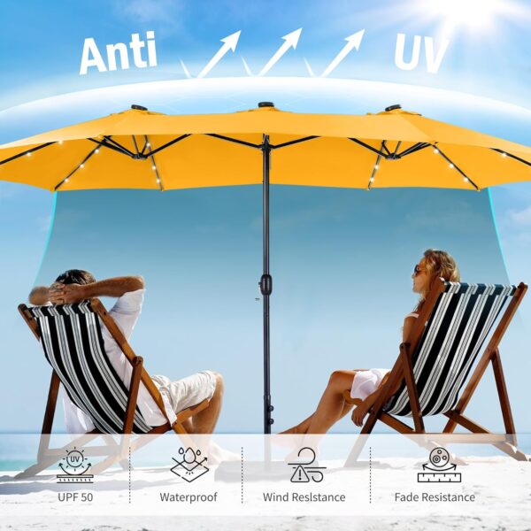 56b56a678c614f9abf7ef3d5131d49fa 15ft Double Sided Patio Umbrella with Solar Lights, Outdoor Large Umbrellas with Crank Handle and 36 LED Lights, Rectangular Market Umbrella with Base Included for Deck Pool Shade