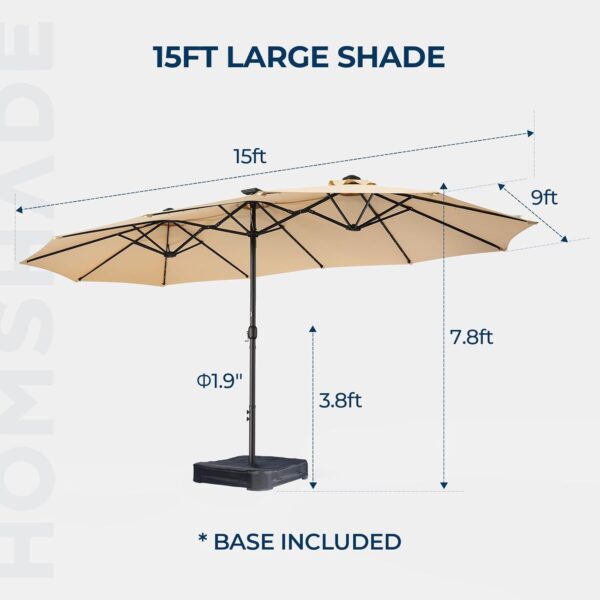 56f41421db284848b31efdd406c92196 Double Sided Patio Umbrellas - 15ft Solar Lights LED Lighted Outdoor Extra Large Market Table Umbrella with Base Included, Oversized Umbrella for Deck, Pool, Backyard (Beige)