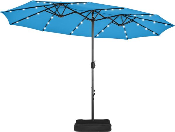 578ffde33d9e4dd1b8b96f468e371d8a 15 ft Large Patio Umbrella with Solar Lights Double-Sided Outdoor Rectangle Market Umbrellas with 36 LED Lights/Base Included/Easy Crank for Patio Garden Yard Pool Lawn, Brown