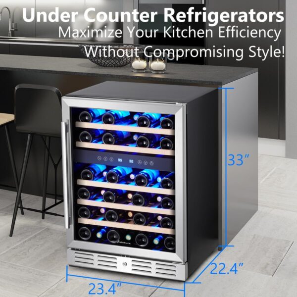 58aa976ef0be47a19d1551371150dc40 24 inch Wine Cooler, 46 Bottle - Dual Zone Built-in or Freestanding Fridge with Stainless Steel Reversible Glass Door, for Home, Kitchen, or Office.