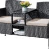 Outdoor Furniture Patio Loveseat Wicker 2-Seat with Built-in Table and Cushions Rattan Porch Chairs Bench for Balcony, Lawn, Backyard (Beige)