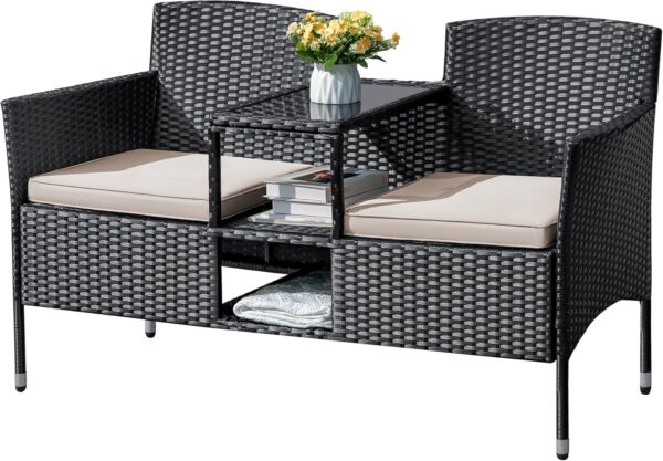 58fa715642e147e182d8f16140fd195f Outdoor Furniture Patio Loveseat Wicker 2-Seat with Built-in Table and Cushions Rattan Porch Chairs Bench for Balcony, Lawn, Backyard (Beige)