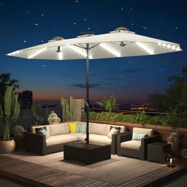 59b5814a795a426b9178aac8f020eee5 15ft Patio Umbrella with Solar Lights, Large Double Umbrella Outdoor, Rectangle 180''x106'' Umbrellas with 156 PCS LED Lights and Crank Handle for Backyard Deck Pool Shade in Black(1.9" Pole)