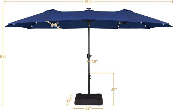 5a4e7c091f4a4a0fb12ea71eda814a08 15 ft Large Patio Umbrella with Solar Lights Double-Sided Outdoor Rectangle Market Umbrellas with 36 LED Lights/Base Included/Easy Crank for Patio Garden Yard Pool Lawn, Brown