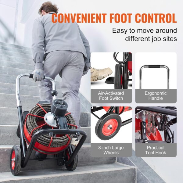 5a5e8887d3c94038beeb18f0fe0b9f47 VEVOR Drain Cleaner Machine 100FT x 1/2 Inch, Auto Feed Sewer Snake Auger on Wheels, 550W Portable Drain Cleaning Machine with 8 Cutters & Air-activated Foot Switch for 2" to 4" Pipes