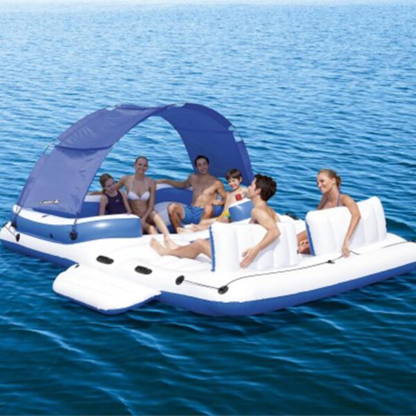 5a6417c9d7ce4b8586e1b3c78352310e Tropical Breeze 6 Person Inflatable Party Island Large Relaxing Water Float with Detachable Sunshade and Cooler Bag