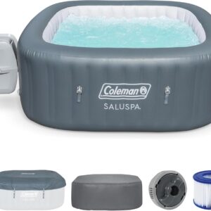 4 to 6 Person Inflatable Hot Tub Square Portable Outdoor Spa with 114 Soothing AirJets and Insulated Cover, Gray-Coleman