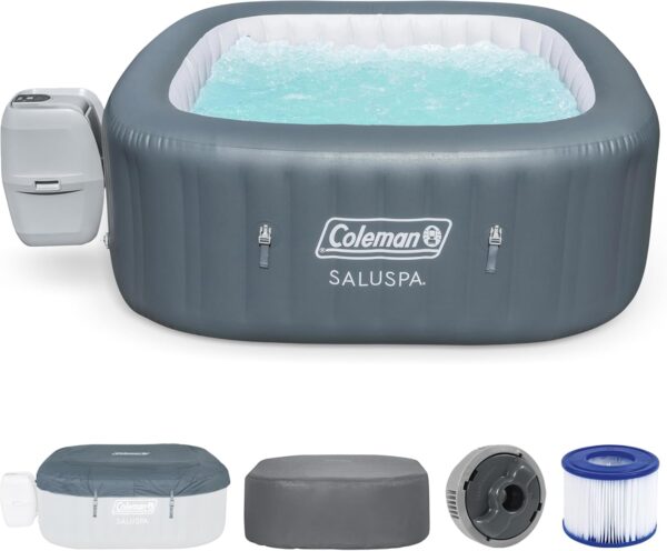 5a7435cbc628474f9aa98e5068e92c9f 4 to 6 Person Inflatable Hot Tub Square Portable Outdoor Spa with 114 Soothing AirJets and Insulated Cover, Gray-Coleman