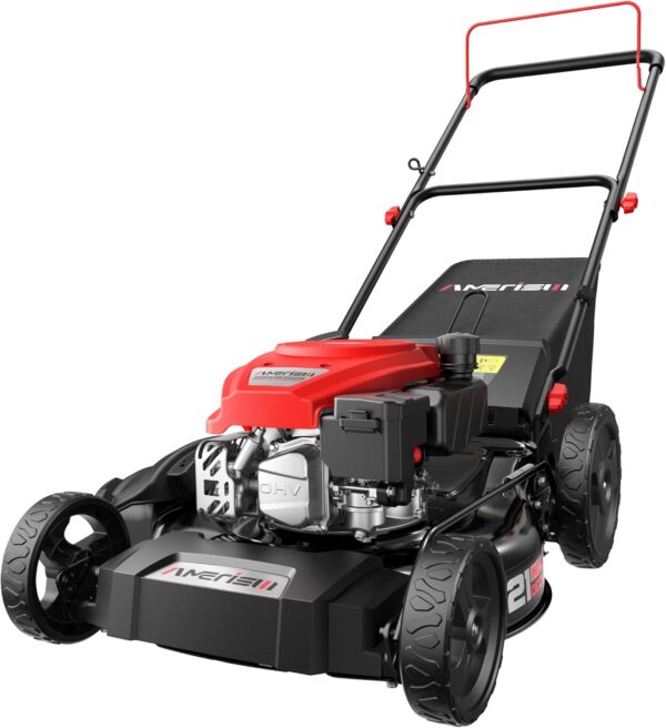 5c2b65e724164ccc87e55b44bfcffb41 21" Steel Deck Gas Lawn Mower, Heavy-Duty 3-in-1 Push Mower, 144cc 4-Stroke Engine, 6-Position Height Adjustment, Large 1.4 Bushel Grass Catcher, Durable & Efficient for Yard & Garden