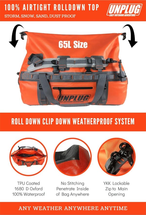 5c822291db544ccea99be3c67cebcaa9 UNPLUG Ultimate Adventure Bag -1680D Heavy Duty Waterproof Travel Duffel Bags for Camping, Motorcycle Dry Bag, Waterproof Bags for Boating, Waterproof Duffle Backpack,Tactical Duffle Bag