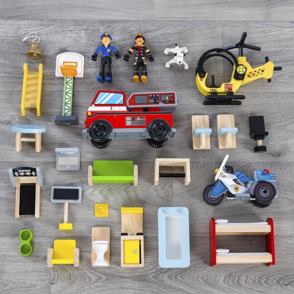 5d2be2a59150404fa5c59d0836ca7da3 Wooden play set, 3 levels, with 26 accessories, folds for storage