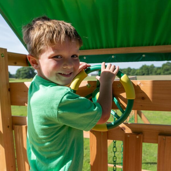 5d96f8a37e3c4f58bb009611559880df Backyard Discovery Mount Mckinley Cedar Wood Swing Set with Wave Slide, Play Deck, Double Rock Wall, Rope Ladder, Web Swing, Belt Swings, Toy Telescope, Steering Wheel, Sandbox Area, Outdoor Playset