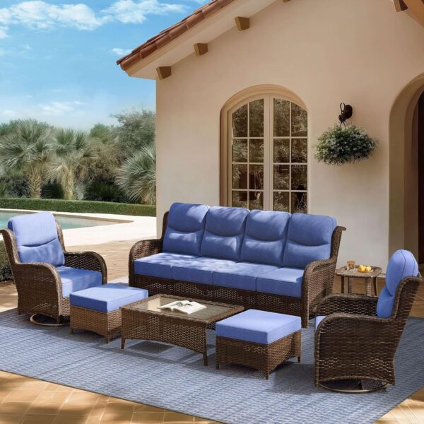 5da1579d2d4449379f1f29736559ed17 Outdoor Swivel Rocker Patio Chairs with 6-Inch Thick Cushions and Side Table, 3PCS High Back Wicker Patio Furniture Set for Porch, Balcony, Deck and Yard in Blue