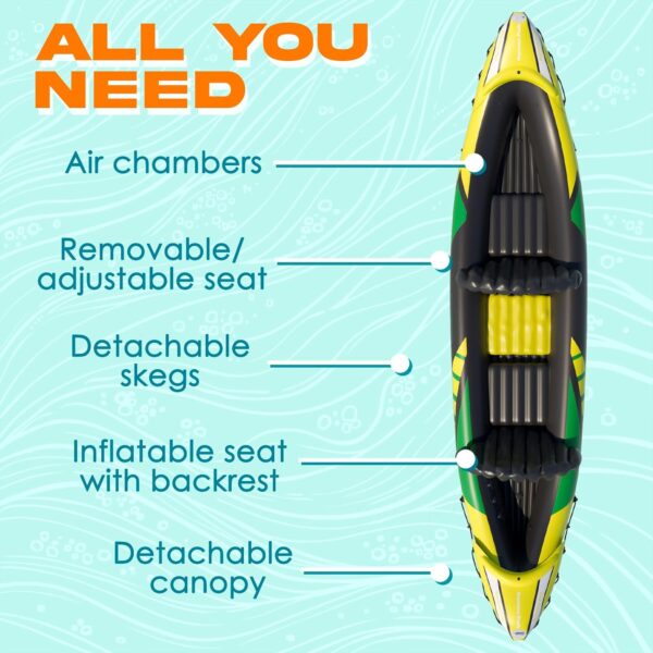 5db4e246efc149f8b69bfa296c9fc297 KP Inflatable Kayak 2 Person with Sun Canopy (Detachable) + Kayaks for Adults + 3rd Seat for Dog/Child + Waterproof Phone Bags + Adjustable Seats + Kayak + Backrests & More + New 2024 + Yellow Green