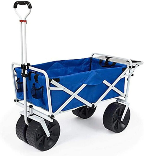 5e0a0d02365e41f382dd35f3aa8f1429 All Terrain Beach Wagon with Side Table|Heavy Duty Collapsible Folding Cart with Large Wheels for Beach Day, Picnic, Camping, Outdoor Activities | Blue/White