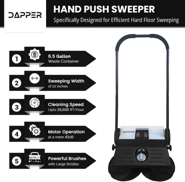 5e80b0e0b07b45efb8142ffb98c2f519 Walk-Behind Outdoor Hand Push Floor Sweeper - 5.25 Gallon Capacity - 25.5" Sweeping Width - Sweeps up to 27,900 ft² / Hour, Grey
