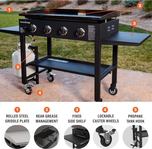 5ed13a67ba3d4ac8b862534957e5df2f 36" Gas Griddle Cooking Station 4 Burner Flat Top Gas Grill Propane Fueled Restaurant Grade Professional 36" Outdoor Griddle Station with Side Stands (1554)