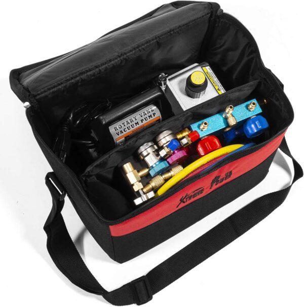 5edf4c19381c485db7c0cb49f2b364c4 Premium 4CFM Air Vacuum Pump HVAC A/C Refrigeration Kit AC Manifold Gauge Case Set R134a Tap w/Leak Detector and Carrying Tote Bag