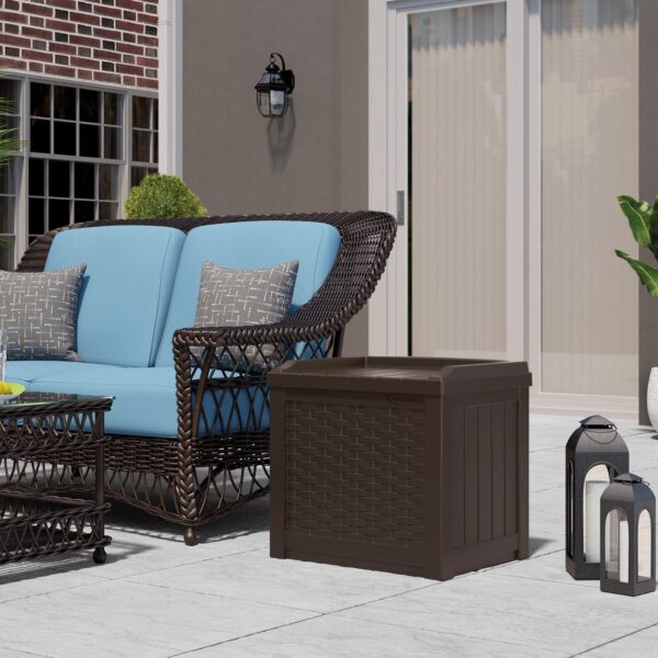 Suncast 22 Gallon Outdoor Resin Wicker Deck Storage Box with Seat, Java Brown