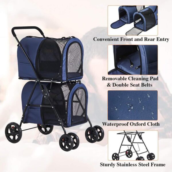 5fce38b6fea647698c96b72f1d5c2e64 42 Double Pet Stroller for 2 Dogs & Cats,4 Wheels Dog Strollers Folding Travel Cat Stroller with Suspension System,Navy Blue