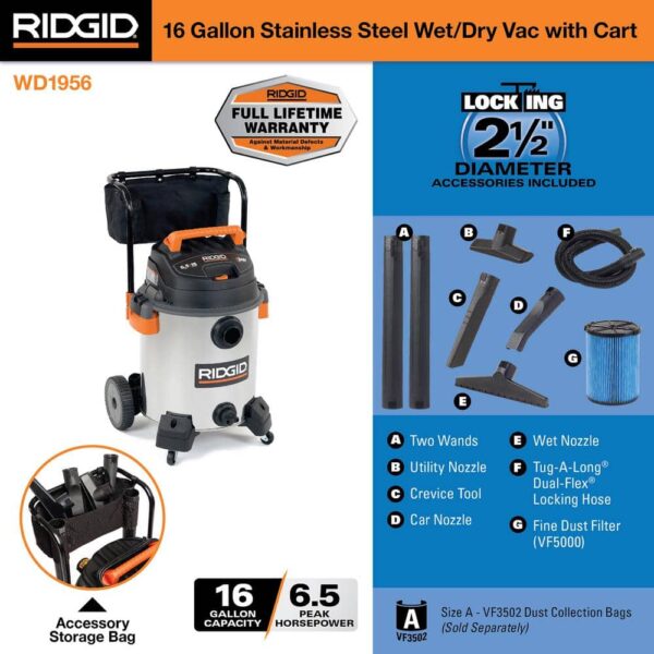 5ffefecb322b4dbdbac54a727b18ee5e 16 Gallon 6.5 Peak HP Stainless Steel Wet/Dry Shop Vacuum with Fine Dust Filter, Locking Hose and Accessories WD1956