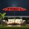 Double Sided Patio Umbrellas - 15ft Solar Lights LED Lighted Outdoor Extra Large Market Table Umbrella with Base Included, Oversized Umbrella for Deck, Pool, Backyard (Beige)