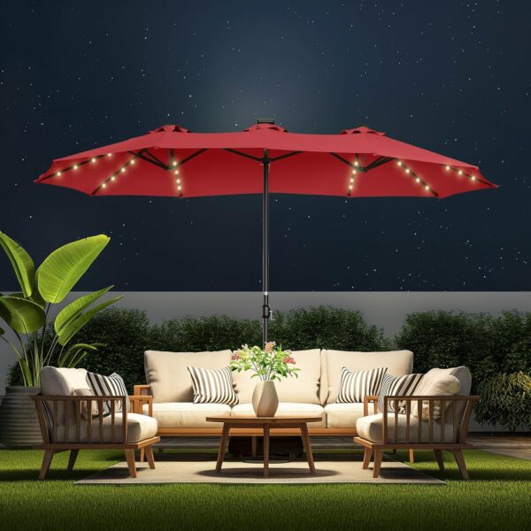 6014869f04d24215a6ec649511b25b3f Double Sided Patio Umbrellas - 15ft Solar Lights LED Lighted Outdoor Extra Large Market Table Umbrella with Base Included, Oversized Umbrella for Deck, Pool, Backyard (Beige)