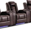 Power Home Theater Seating Set of 3, Brown Faux Leather Electric Recliner Chair with Powered Headrest, Dual Motors Movie Reclining Chairs with LED Lights,USB Port,Cup Holders, Hidden Arm Storage