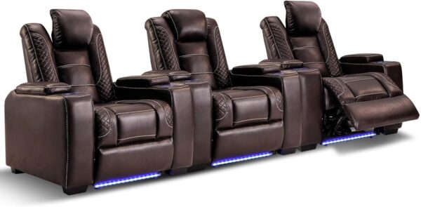 60274c962ede4a8fa401ea113bfebc8a Power Home Theater Seating Set of 3, Brown Faux Leather Electric Recliner Chair with Powered Headrest, Dual Motors Movie Reclining Chairs with LED Lights,USB Port,Cup Holders, Hidden Arm Storage