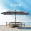 Double Sided Patio Umbrellas - 15ft Solar Lights LED Lighted Outdoor Extra Large Market Table Umbrella with Base Included, Oversized Umbrella for Deck, Pool, Backyard (Beige)