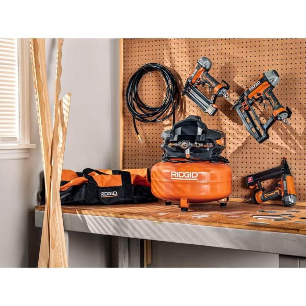 6055fd0ba1e444a9aa3e693bc35360ec 6 Gal. Portable Electric Pancake Air Compressor w/ 18GA Brad Nailer, 16GA Straight Finish Nailer, & 18GA Finish Stapler R69603FK