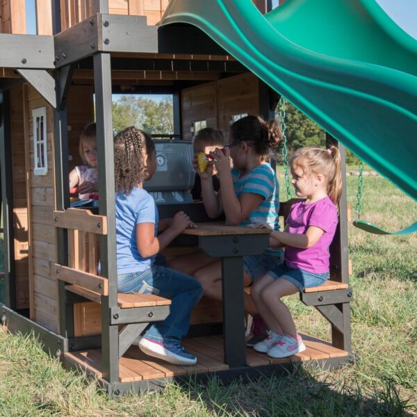 61d8d44832854725a352984183764716 Backyard Discovery Canyon Creek Cedar Wood Swing Set with Wave Slide, Clubhouse, Play Kitchen, Picnic Area, Belt Swings, Web Swing, Rock Wall, Balconies, Playhouse, Step Ladder, Outdoor Playset