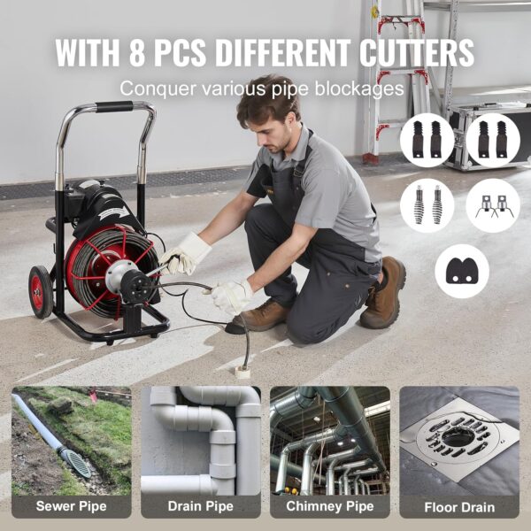 624789bd53f441e6b0221e1d59d5121b VEVOR Drain Cleaner Machine 100FT x 1/2 Inch, Auto Feed Sewer Snake Auger on Wheels, 550W Portable Drain Cleaning Machine with 8 Cutters & Air-activated Foot Switch for 2" to 4" Pipes