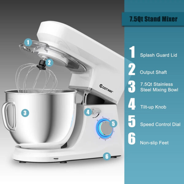 63350b3d94b647ed9f728bb442cb8214 Costway Tilt-Head Stand Mixer 7.5 Qt 6 Speed 660W with Dough Hook, Whisk & Beater White