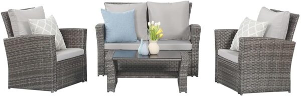 63a54f4b75f5440887781eea3d8b6a79 Wisteria Lane 4 Piece Outdoor Patio Furniture Sets, Wicker Conversation Set for Porch Deck, Grey Rattan Sofa Chair with Cushion (Blue
