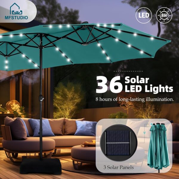 64a30a3513d04d5096cd416a29914fac 15ft Double Sided Patio Umbrella with Solar Lights, Outdoor Large Umbrellas with Crank Handle and 36 LED Lights, Rectangular Market Umbrella with Base Included for Deck Pool Shade