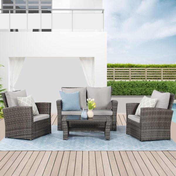 64d7e3573c3d487e89f39b80cbc25c05 Wisteria Lane 4 Piece Outdoor Patio Furniture Sets, Wicker Conversation Set for Porch Deck, Grey Rattan Sofa Chair with Cushion (Blue