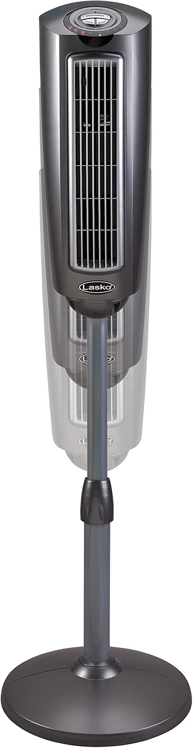 65fbd5b4c3b04dfb90abda389a996477 LASKO Elevation 42”-54” Adjustable Height Pedestal Tower Fans for Home, 31 ft/s Airflow, Quiet 28 dB on Low, 90° Oscillation, 12 Hour Timer, Remote Control, Black, EST100