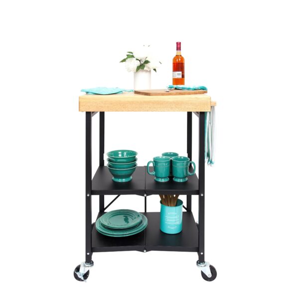 Origami Foldable Wheeled Portable Wood Top Kitchen Island Bar Cart, Black