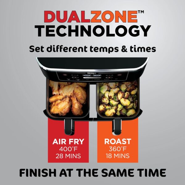 670567858e3a4c80b342d6918787f99b DZ401 Foodi 10 Quart 6-in-1 DualZone XL 2-Basket Air Fryer with 2 Independent Frying Baskets, Match Cook & Smart Finish to Roast, Broil, Dehydrate for Quick, Easy Family-Sized Meals, Grey