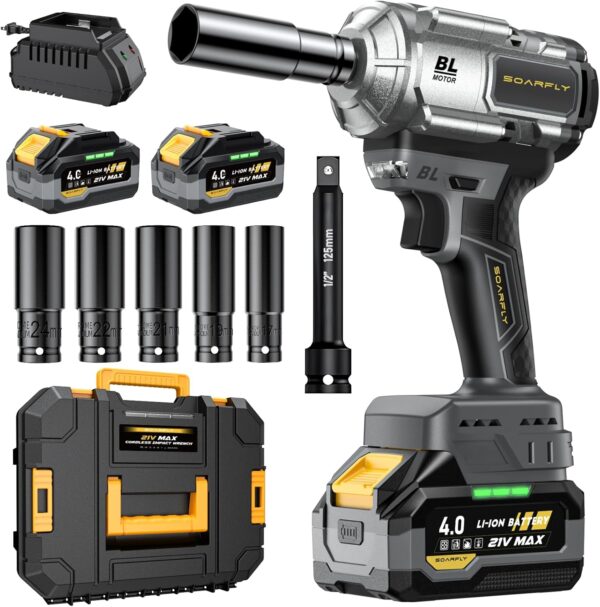 675385d30fed4a3786bc558bc34664e8 Cordless Impact Wrench, 1200Nm(900ft-lbs) High Torque 1/2'' Impact Wrench, 21V Brushless Electric Impact Gun with 2Pcs 4.0Ah Batteries, 1 Hour Fast Charger, 5 Sockets, Power Impact Driver for Car Home