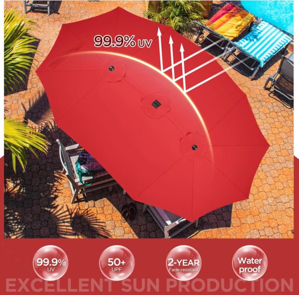 68ae9b2743904836ba925772c44e6d71 15 ft Large Patio Umbrella with Solar Lights Double-Sided Outdoor Rectangle Market Umbrellas with 36 LED Lights/Base Included/Easy Crank for Patio Garden Yard Pool Lawn, Brown