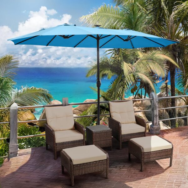 692d49d080a74e87a0dccae283a9d3cf 15 ft Large Patio Umbrella with Solar Lights Double-Sided Outdoor Rectangle Market Umbrellas with 36 LED Lights/Base Included/Easy Crank for Patio Garden Yard Pool Lawn, Brown