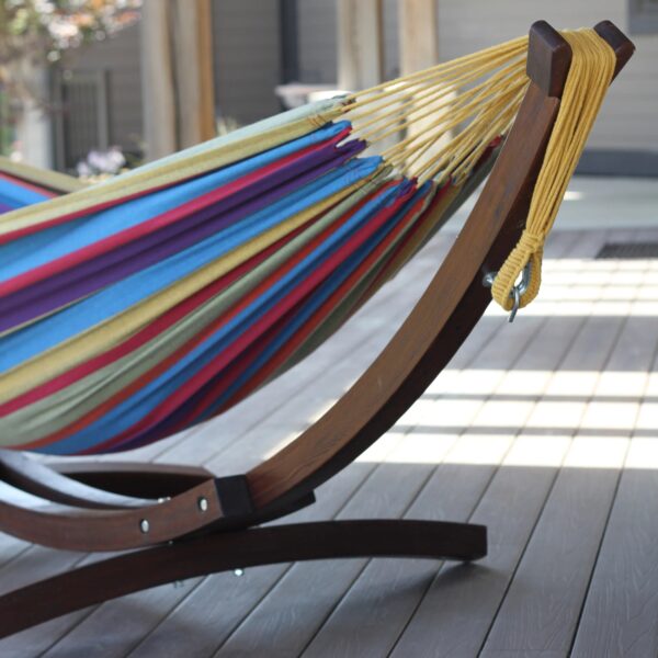 698f83218d1c44709fe30c7891673aae Vivere Double Cotton Hammock with Solid Pine Stand- Tropical